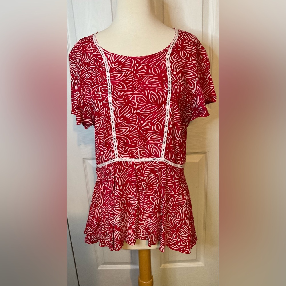 Go Fish Red White Blouse Top Handmade‎ Rayon Medium